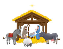 A Christmas Nativity Scene Cartoon, With Baby Jesus, Mary And Joseph In The Manger With Donkey And Other Animals And Star Above. Christian Religious Illustration.