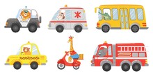 Cartoon Animal Driver. Animals In Emergency Ambulance, Firetruck And Police Car. Zoo Taxi, Public Bus And Delivery Truck. Ambulance And Police Animals Drivers Lion, Cow, Bear Isolated Vector Icons Set