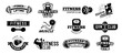 Gym badges. Bodybuilding stencil label, fitness monochrome silhouette badge and athlete muscles. Bodybuilding iron stamp, hipster athletic logotype. Isolated vector illustration symbols set
