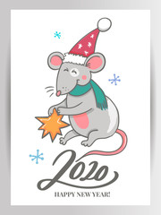 Poster - Template image Happy new year party with rat, white background new year 2020. Funny sketch mouse Vector illustration.