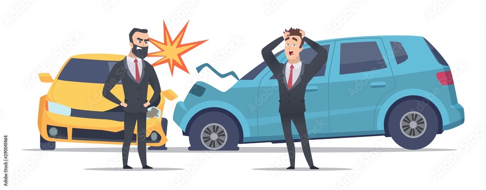 Car accident. Damaged autos angry scared men. Businessmen vector character and crashed cars. Automobile damage and crash on road accident illustration - obrazy, fototapety, plakaty 