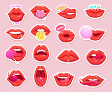 Sexy Stickers. Retro Patch Girl Lips Kiss Candy Cherry Vector Badges Collection. Lip Mouth Sexy, Tongue And Kiss Collection Illustration