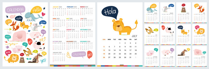 Funny calendar 2020 with wild cartoon animals. Vector hand drawn illustration