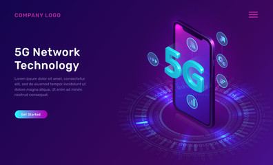 Wall Mural - 5g network technology, isometric concept vector illustration. smartphone screen with 5g symbol wirel
