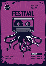 Vintage Music Poster . Octopus Tentacles And Audio Cassette. Night Party Retro Background. Dance Festival Template.