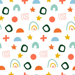 Poster - Hand drawn Abstract pattern for kids. Seamless drawn pattern with colorful dots, spots, shapes, lines, squares. Abstract childish texture for fabric, textile, apparel.