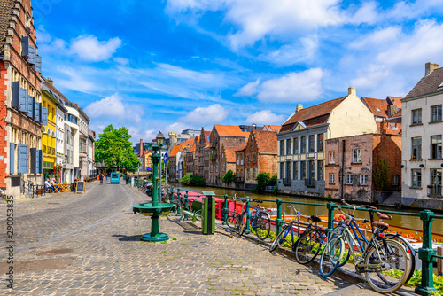 View of embankment of Leie river in the historic city center in Ghent (Gent),...
