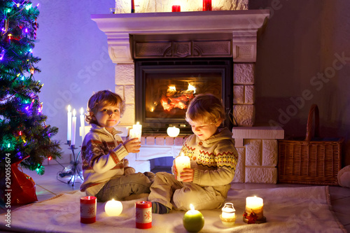 Cute Toddler Boys Blond Twins Playing Together And Lookinig On