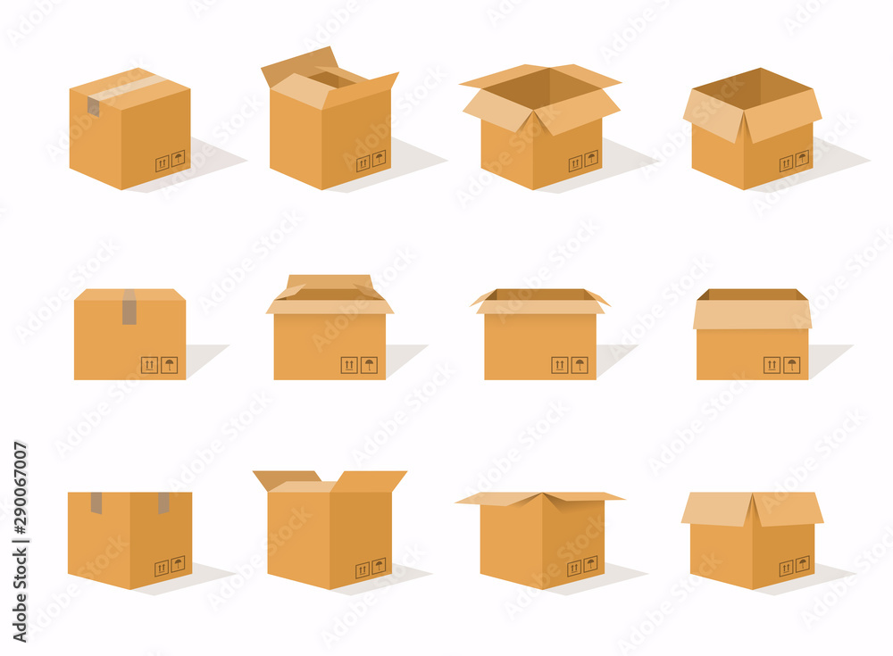 Carton delivery packaging open and closed box with fragile signs. Cardboard box mockup set. - obrazy, fototapety, plakaty 