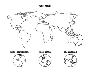 Wall Mural - Outline world map and World map in Hemispheres. Graphic sketch doodle style.