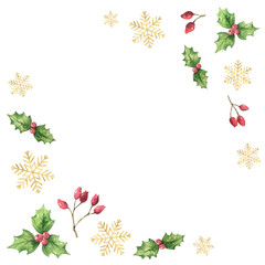 Wall Mural - Watercolor vector Christmas card with green leaves, red berries and golden snowflakes.