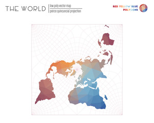  Polygonal world map. Peirce quincuncial projection of the world. Red Yellow Blue colored polygons. Modern vector illustration.