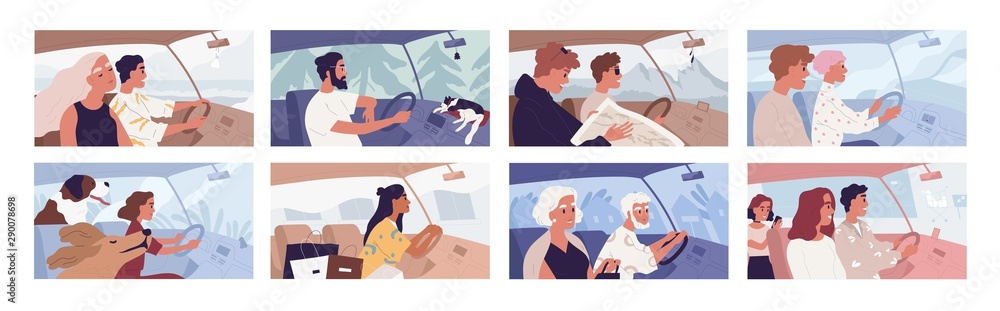 People driving car flat vector illustrations set. Road trip concept. Travelling with pets. Female shopaholic riding with purchases. Friends in vehicle finding route on map. Elegant lady in automobile. - obrazy, fototapety, plakaty 