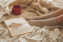Cozy Autumn Winter Evening , Warm Woolen Socks. Woman Is Lying Feet Up On White Shaggy Blanket And Reading Book.