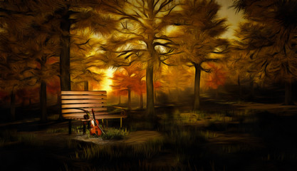 Wall Mural - Digital painting in impressionism style. Violin in autumn park