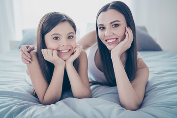 Poster - Close-up portrait of two nice beautiful attractive lovely charming cute careful kind gentle cheerful cheery people spending free time weekend good mood day dream in light white interior house