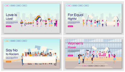 Wall Mural - Equal rights protests landing page vector templates set. Social movements against racial and gender inequality website interface with flat illustrations. Homepage layout, web banner, webpage concept
