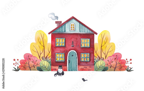 Download Watercolor Illustration Bright Red House With An Autumn Garden On A White Background Stock Illustration Adobe Stock