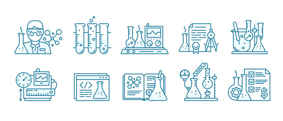 chemistry science icon set. education lab background. the production of chemicals kit. laboratory re