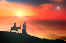 Christmas Religious Nativity Concept: Silhouette Pregnant Mary And Joseph With A Donkey On Star Of Cross Background	