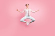 canvas print picture - Full length body size view portrait of her she nice attractive charming lovely slender careless cheerful cheery girl practicing yoga class isolated over pink pastel background