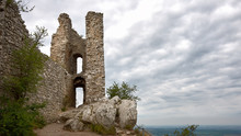 View of the ruins Sirotci hradek in the Palava protected landscape area in southern Moravia.