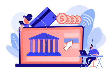 Wall Mural - Tiny people with laptop and financial digital transformation. Open banking platform, online banking system, finance digital transformation concept. Living coral bluevector isolated illustration