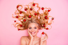 Close Up Top Above High Angle View Photo Beautiful She Her Lady Lying Down Among Fruit Strawberries Long Hair Approve Facial Fruit Scrub Mask Gel Cream Moisturizer Balm Lotion Isolated Pink Background