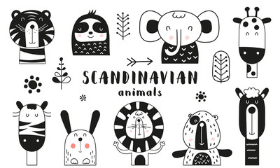 Wall Mural - Bw scandinavian animals set. Hand drawn. Doodle cartoon animals for nursery posters, cards, kids t-shirts. Vector illustration. Tiger, lazy sloth, elephant, giraffe, zebra, hare, lion, bear, llama.