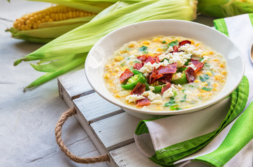 Canvas Print - Corn soup with bacon, jalapeno, goat cheese and cilantro