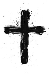 hand painted black ink cross with brush stroke texture and splatter