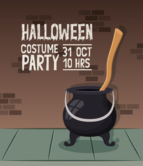 Sticker - halloween celebration card with witch cauldron