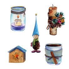 Hand-drawn Watercolor Illustration For New Year In Scandinavian Style. Cozy Hygge Elements: Coffee Cup, Gnome, Candle In A Jar Isolated On White Background