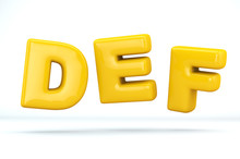 Font Glossy Plastic Yellow, Letters D, E, F. 3D Render Of Bubble, Isolated On White Background, Path Save.