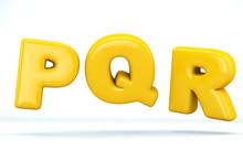 Font Glossy Plastic Yellow, Letters P, Q, R. 3D Render Of Bubble, Isolated On White Background, Path Save.