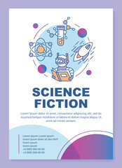 Science fiction poster template layout. Banner, booklet, leaflet print design with linear icons. Sci fi technologies. Vector brochure page layouts for magazines, advertising flyers