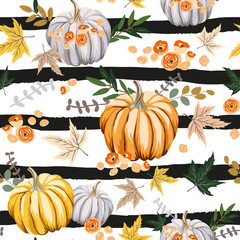 autumn orange pumpkins, flowers, leaves, striped background. vector seamless pattern. fall season il