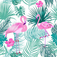 Wall Mural - Vector tropical jungle seamless pattern with flamingo, palm tree leaves