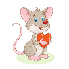 Canvas Print - Cheerful little mouse with a red heart in his hands. In cartoon style. Isolated on a white background.