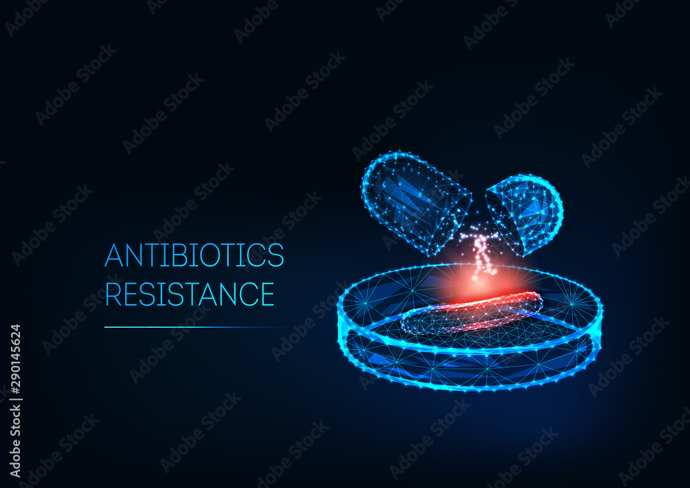 Antibiotics resistance concept. Futuristic low polygonal antibiotics pills, bacteria on Petri dish. - obrazy, fototapety, plakaty 