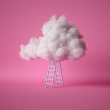 3d Render, White Fluffy Cloud Above The Blue Ladder, Isolated On Pink Background