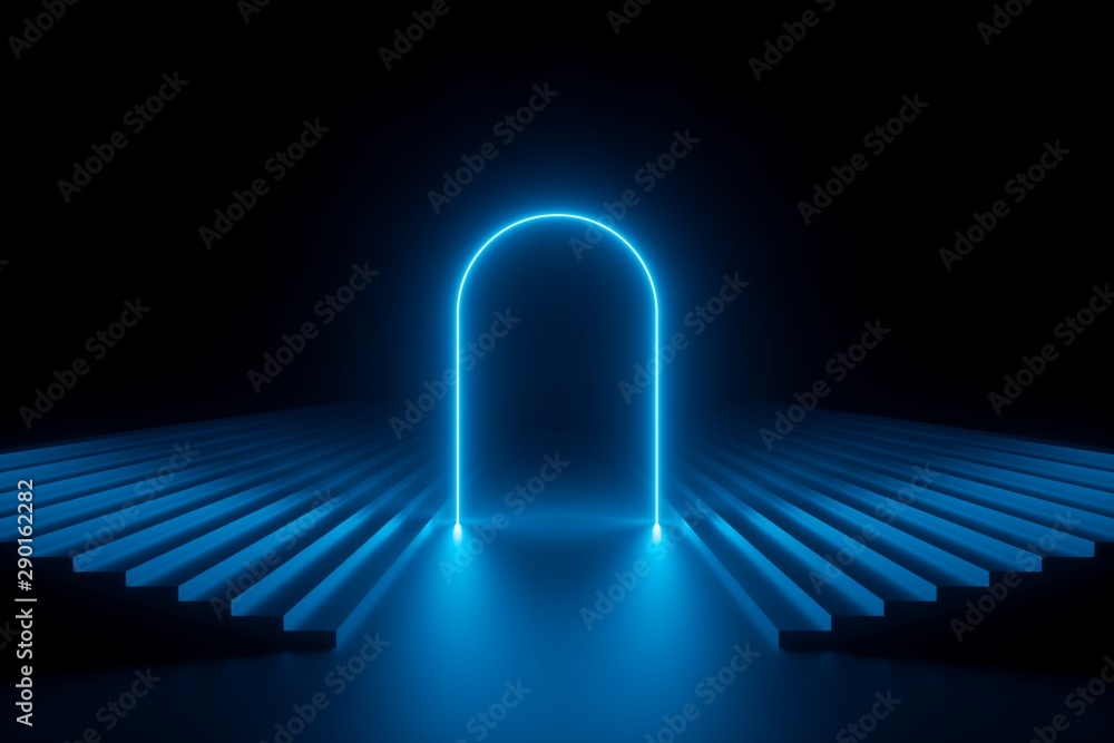 ภาพประกอบ Stock 3d render, abstract neon background, blue glowing arch ...