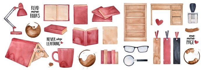 Watercolour illustration collection of many red books, wooden bookcase, funny pet rat character, loupe symbol, office table, text phrases, love hearts, coffee mug stains. Isolated clipart elements.