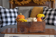 Vintage Wooden Crate Filled With Pumpkins And Flowers