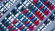 Aerial view car for sale stock lot row, Cars dealership inventory distribution automobile and automotive business.