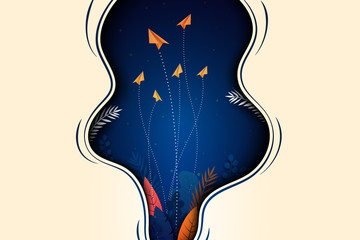 Aufkleber - Group of paper airplanes flying on dark blue background with plants and leaf landing page website template.Business concept vector illustration.