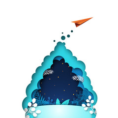Aufkleber - Red paper airplane flying on blue background with plants and leaf template background.Business startup concept vector illustration.