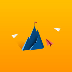 Wall Mural - paper airplane teamwork flying to red flag on the top of mountain.business leadership and success co