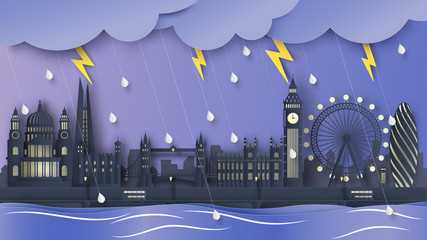 Wall Mural - Scenery of rainy season with the world famous architecture in London, England. Rainy season in London. paper cut and craft style. vector, illustration.