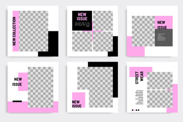 Wall Mural - Minimal layout design background vector illustration in black purple white frame color. Editable square geometric shape banner template for social media post, stories, story, flyer, look book magazine
